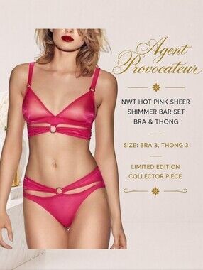 💖 NWT Agent Provocateur “Bar” Set Hot Pink Sheer Shimmer AP3 | Limited Edition
